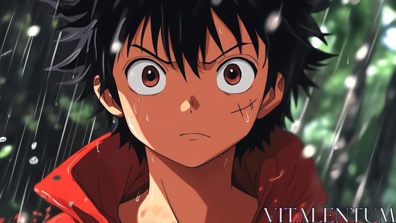 Anime close-up of determined boy under dynamic rainfall lighting