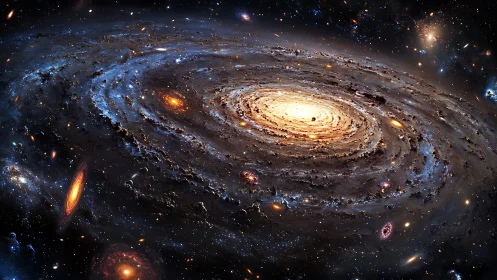 Spiral galaxy core amid dense starfields and glowing nebulae.