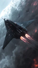 Stealth fighter squadron dives through storm-torn clouds.