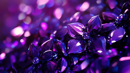 Faceted purple crystal flowers in soft bokeh light.