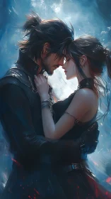 Intimate Moment Between Two Figures in Dark Attire.