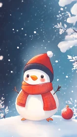Cute snowman illustration in red scarf on winter hill.