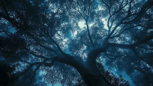 Dense tree canopy viewed from below in blue toned light.