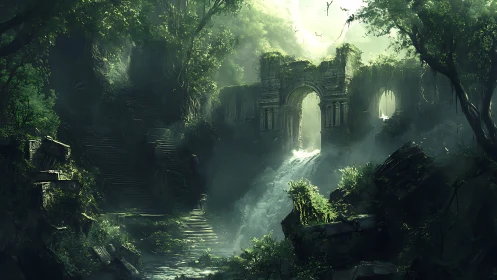 Sunlit jungle ruins rise above misty cascading waters.