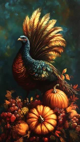Regal turkey stands over pumpkins and autumn harvest still life