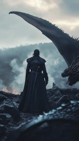 Lone warrior shares a stormy cliffside moment with dragon.