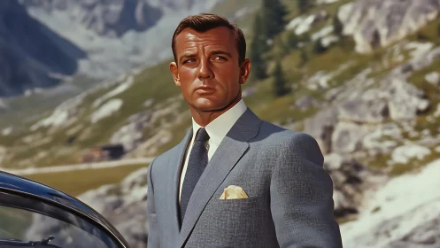 Sharp suited man by mountain road in bright daylight.