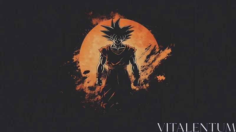 Silhouetted warrior figure against textured orange circular backdrop