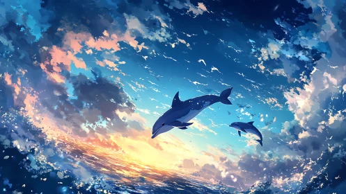 Two dolphins leaping over vivid ocean at dramatic sunset.