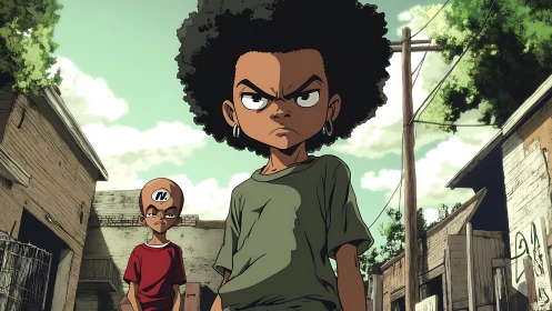 Tough kids stand in run-down alley under bright sky.