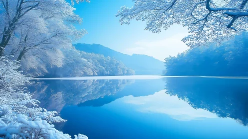 Snow covered lakeside forest reflected in calm water.