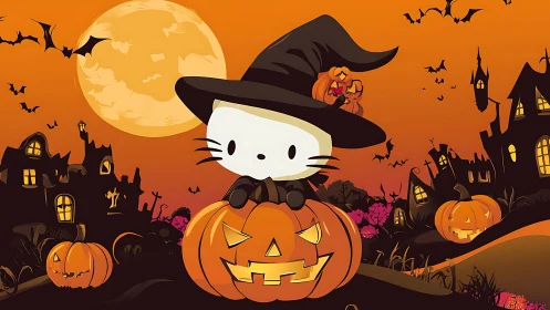 Hello Kitty in Witch Costume on Carved Pumpkin Halloween Scene.