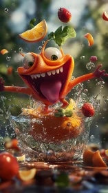 Cartoon orange character splashes in glass bowl of juice