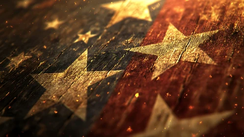 Weathered American flag stars on rustic wooden surface.