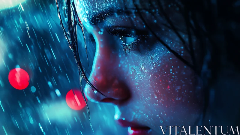 Neon rain portrait in close-up cinematic cyberpunk profile.