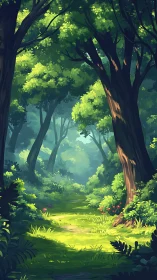 Luminous forest clearing with towering trees and dappled light