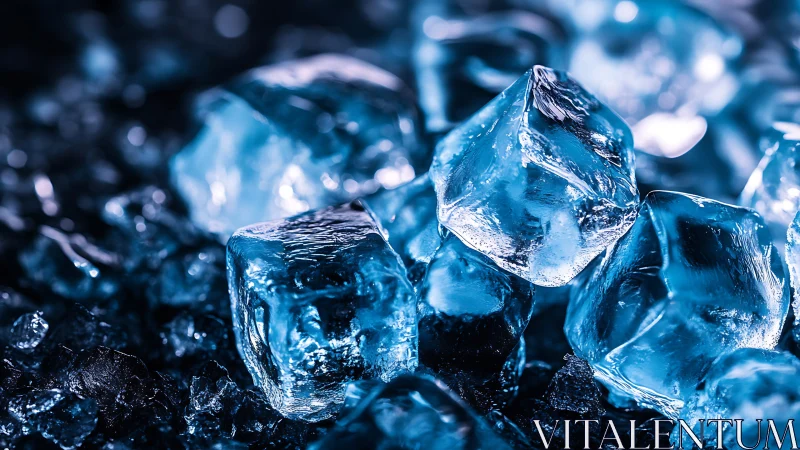 Macro study of blue-illuminated ice cubes with crystalline texture