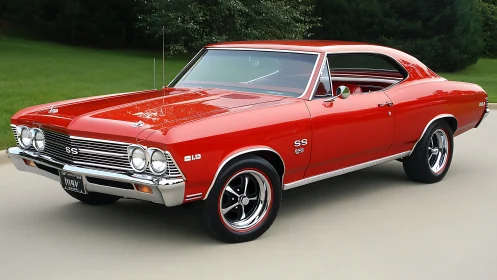 Classic red muscle car gleaming with timeless American style.