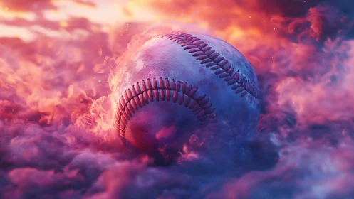 Glowing baseball rests in swirling neon smoke under fire sky
