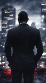 Rain-soaked city watcher stands steady in the glowing night