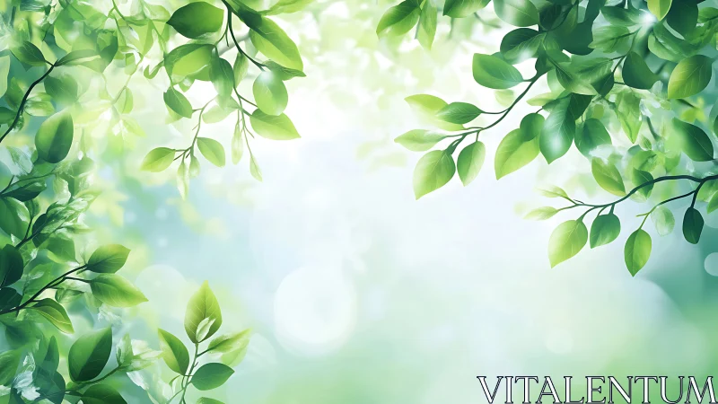 Sunlit green leaves frame soft bokeh sky background
