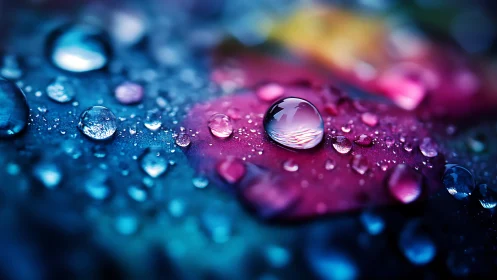 Macro view of water droplets on multicolored surface.