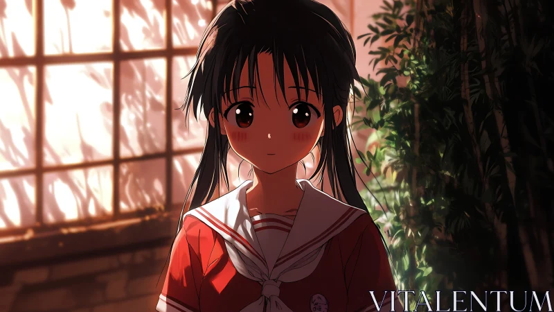 Sunlit shadows pause on a quiet girl in crimson uniform