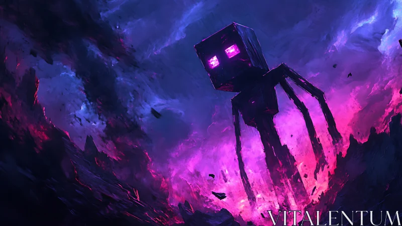 Giant blocky shadow creature over glowing purple chasm.