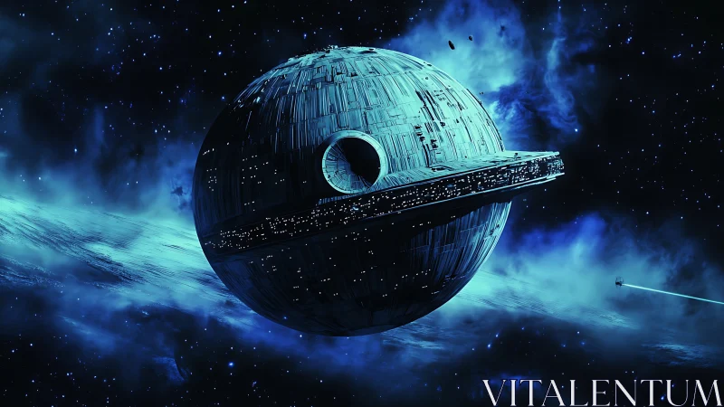 Spherical orbital battle station in deep space environment.