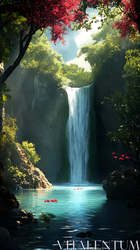 Sunlit forest waterfall over turquoise secluded pool.