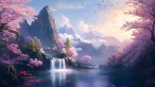 Mountain lake with cherry blossoms and distant village.