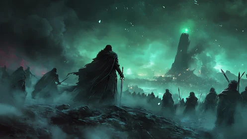 Shadowed warband beneath the emerald stormtower sky.