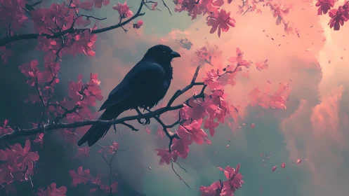 Solitary black crow perched amid luminous pink blossoms
