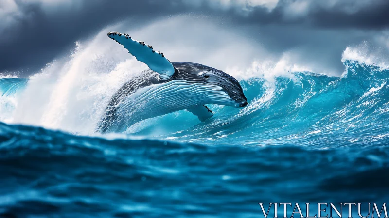 Storm-lit whale ballerina carving thunder into blue waves.
