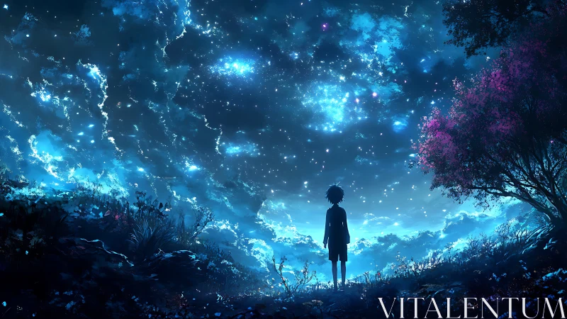 Starlit night sky over lone child in glowing dreamscape.