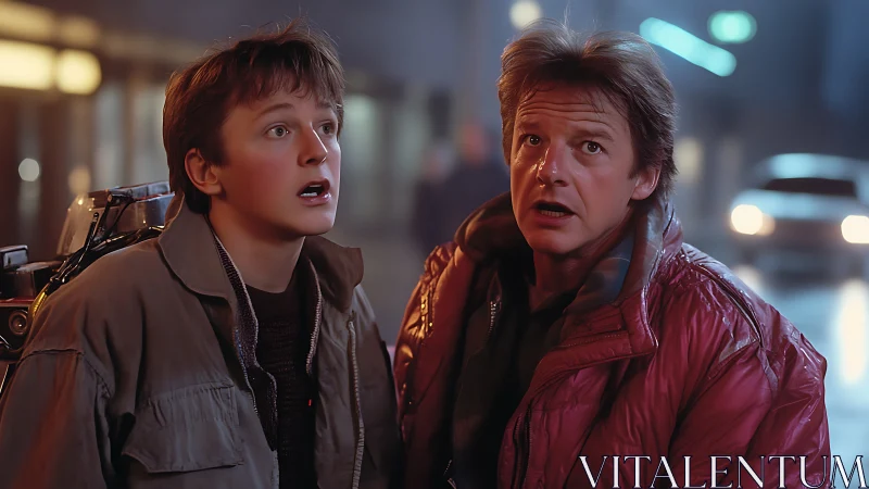 Two shocked youths in retro jackets under cinematic night lighting
