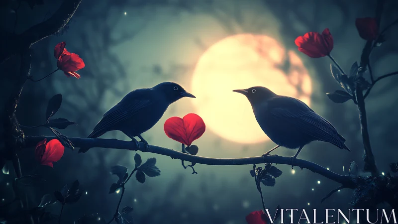 Two Birds Share Crimson Blossoms Beneath Luminous Moon