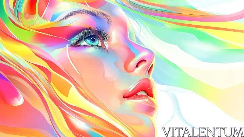 Prismatic daydream portrait where color-streaked winds sing.