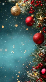 Sparkling Christmas tree ornaments in gentle falling snow.