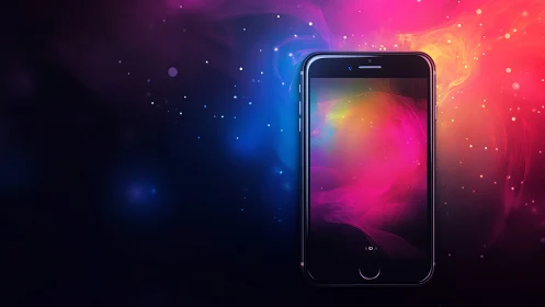 Glowing smartphone floating in vivid neon particle clouds.