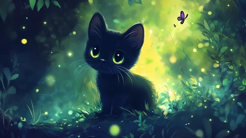 Black Cat with Luminous Eyes in Enchanted Forest.
