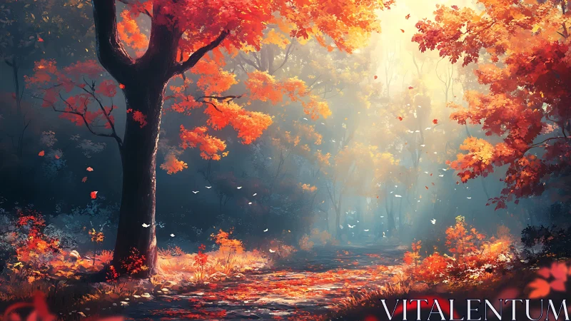 Mystical Autumn Forest Path Ablaze with Golden Light.