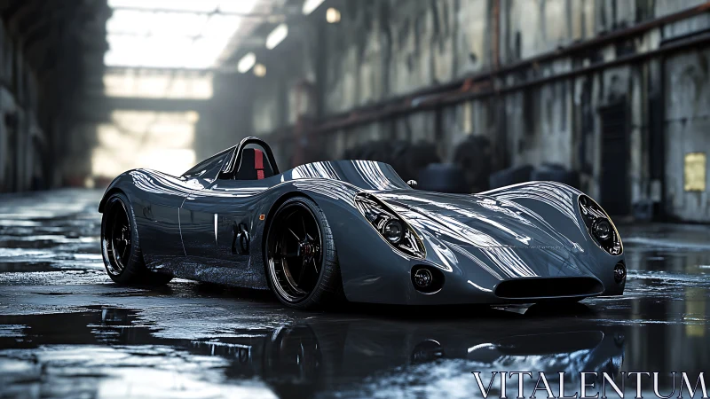 Low-slung single-seater roadster renders with glossy reflections in wet hangar