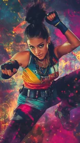 Neon street fighter leaps through explosive cyber color field.