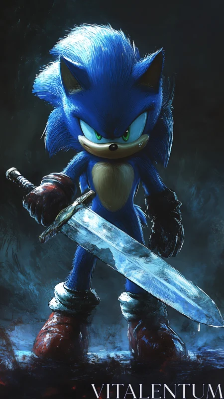 Blue hedgehog warrior gripping massive sword in stormy glow.