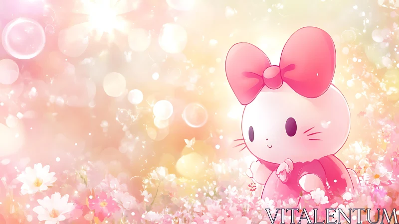 Blushing bow kitten wandering through pastel blossom daydreams.