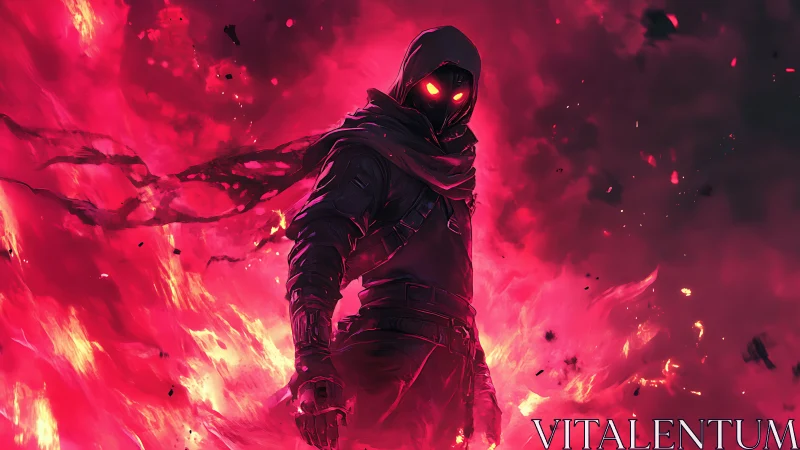 Ember-eyed rogue strides through a crimson apocalyptic blaze.