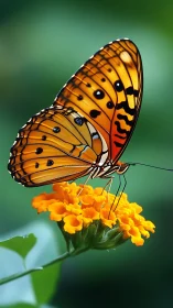 Orange butterfly on marigold flower in sharp close view.