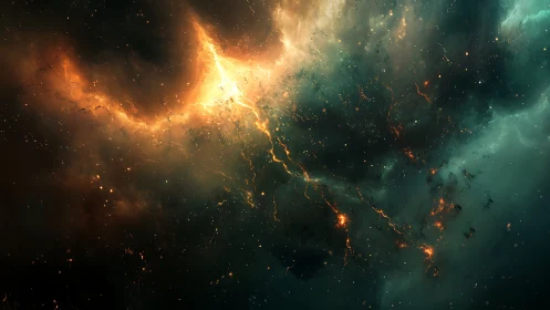Nebula-like cosmic cloud with glowing orange plasma arcs