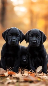 Autumn trio of black puppies glowing in soft golden forest light.
